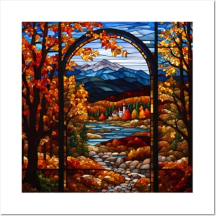 Stained Glass Window Of Autumn Scene Posters and Art